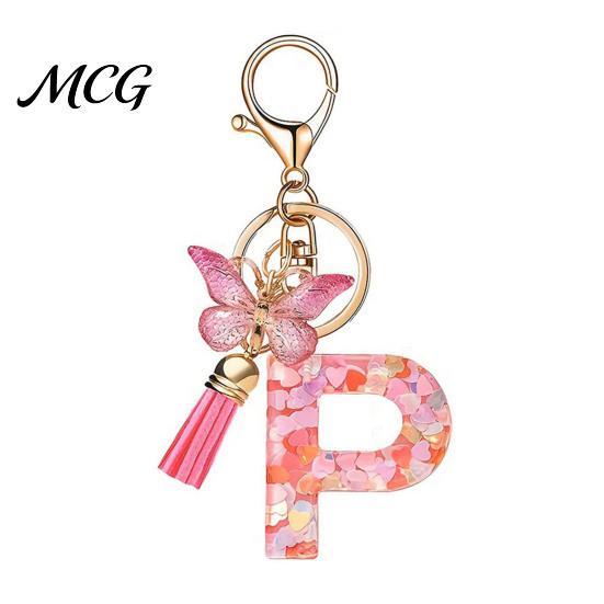 Key Holder Pendant Pink Series Keychain Pendant, Sequins Heart Initial Letter Charm Chain with Exquisite Workmanship Butterfly Tassel Design, A-Z for P