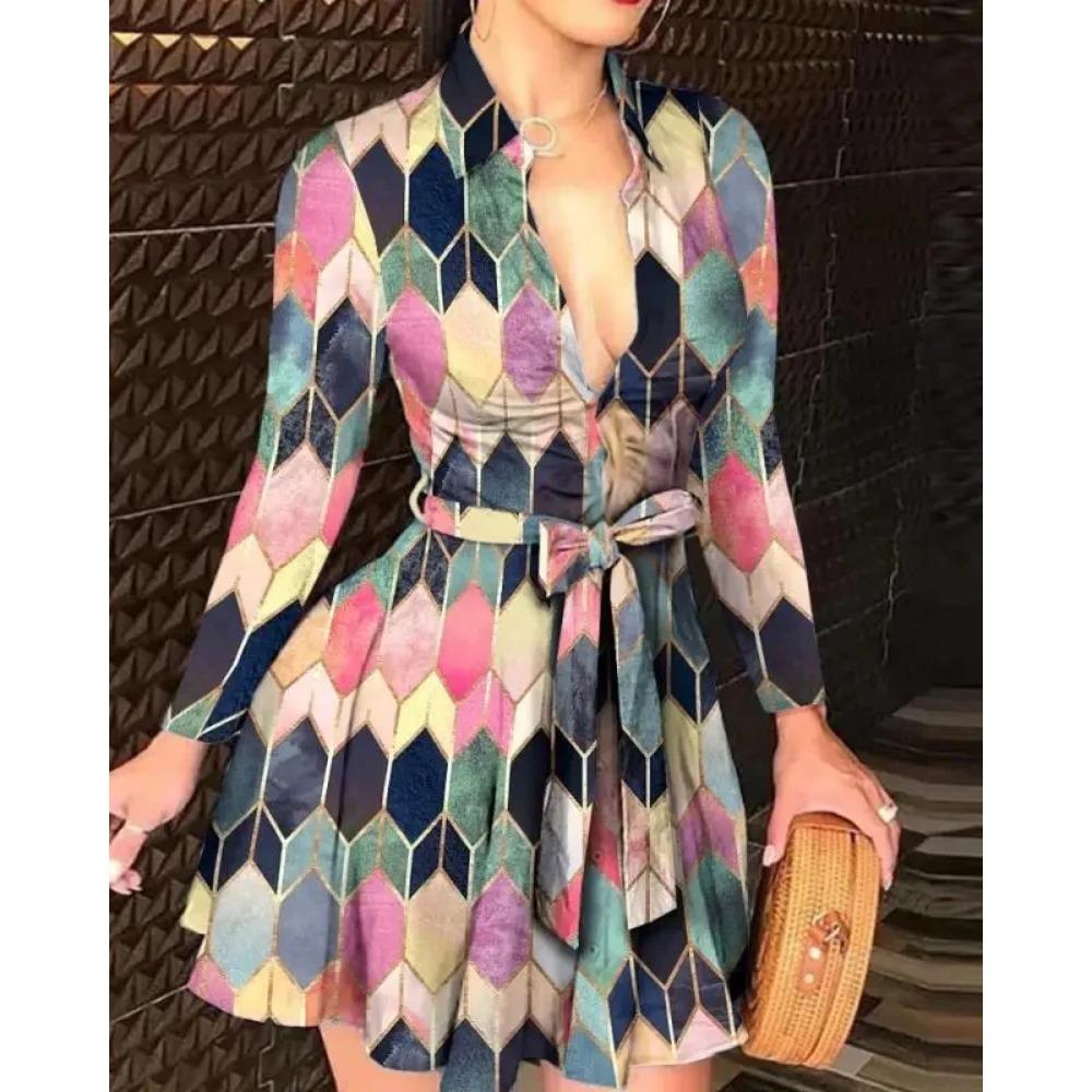 Summer New Women's Long Sleeve V-Neck Tied Fashionable Sexy Printed Dress