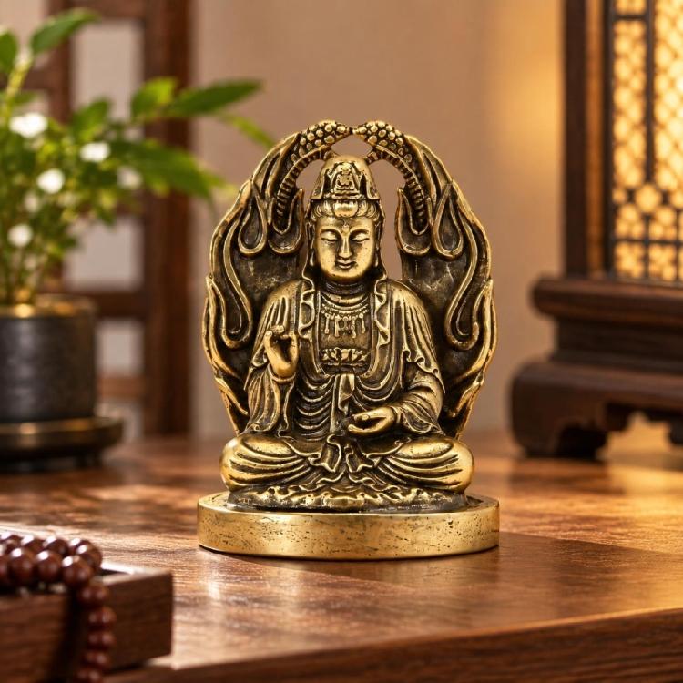 Metal Bodhisattva Sculpture with Aged Finish and Integrated Round Base for Desk, Windowsill, Tea Table, Entryway, or Shelf Placement