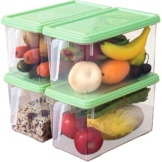 Plastic Storage Containers Square Food Storage Organizer Stackable Refrigerator Organizer Handle Kitchen Containers with Lids for Fruits Vegetables