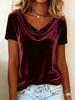 2026 Trendy European and American Women's Swing Collar Short Sleeve Velvet T-shirt In Solid Colors