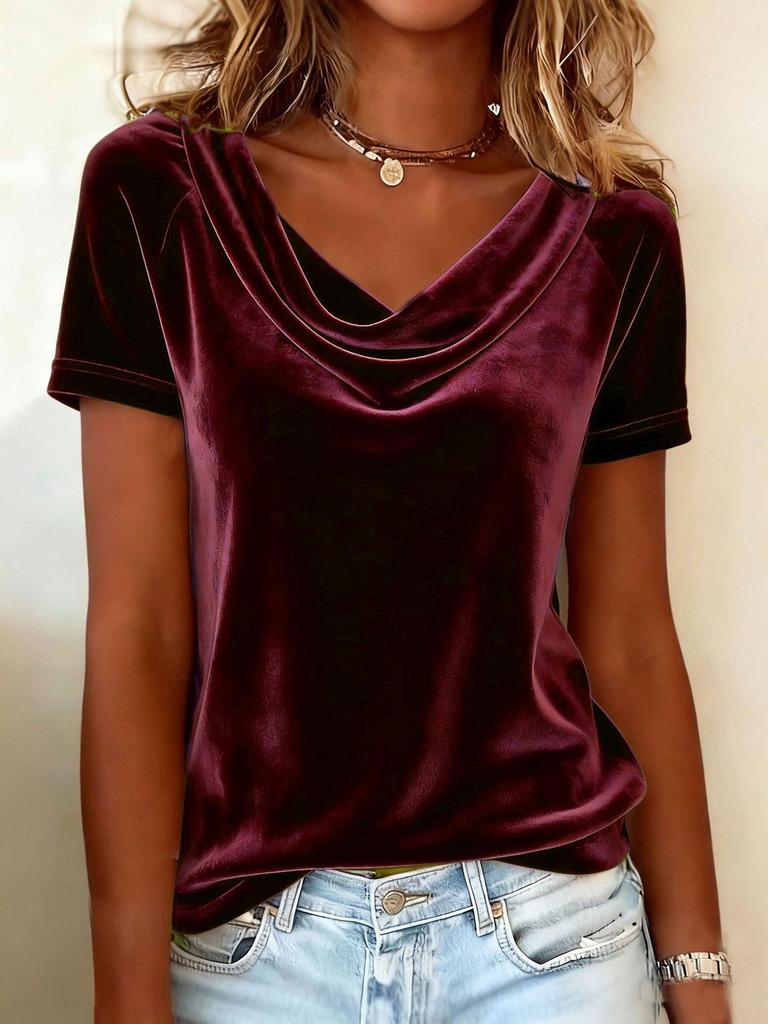 2026 Trendy European and American Women's Swing Collar Short Sleeve Velvet T-shirt In Solid Colors