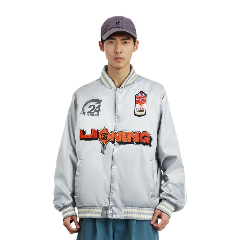 Li Ning Skateboard Series Letter Print Baseball Collar Loose Short Cotton Jacket Men Jacket Mist-Gray AJMU021-4