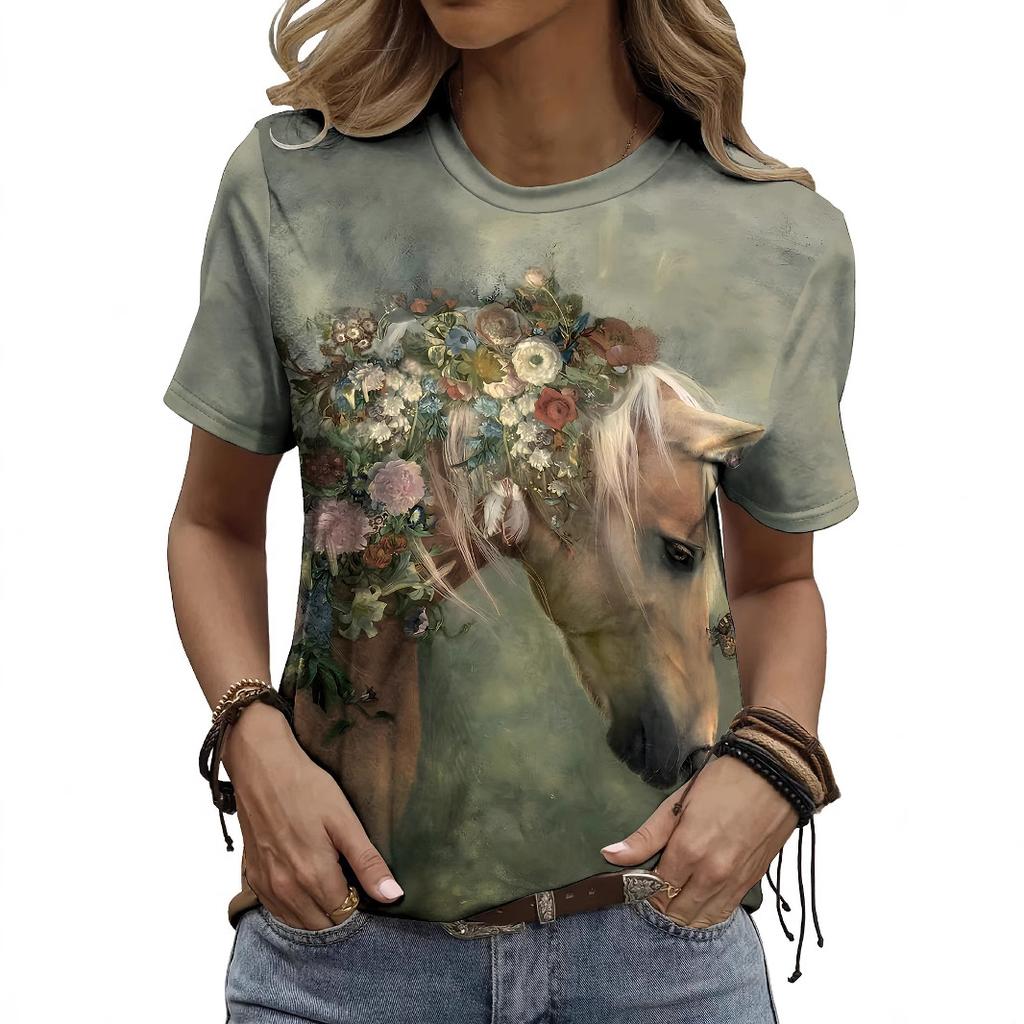 Summer Round Neck 3D Animal Print T-shirts Fashionable Casual Short Sleeved Women's T-shirts