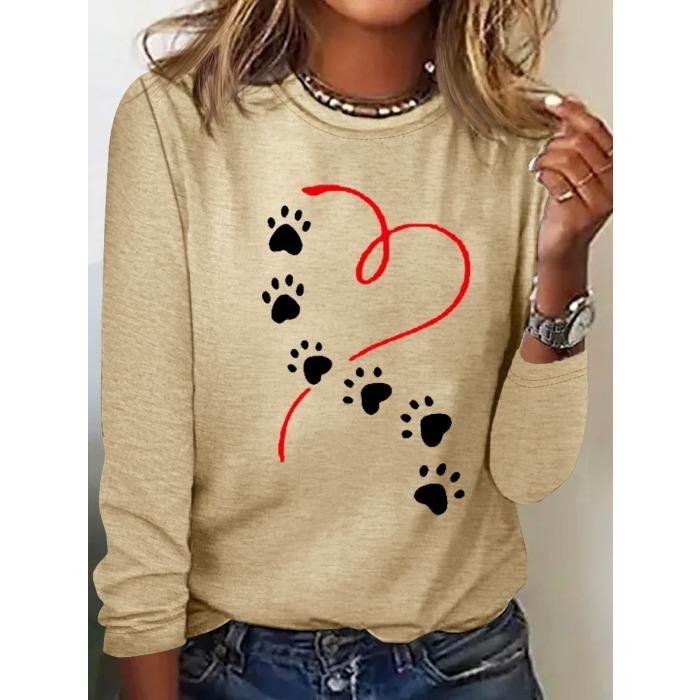 Round Neck 3D Printed Love Cat Footprint Pattern Top Fashionable Casual Long Sleeved Women's T-shirts