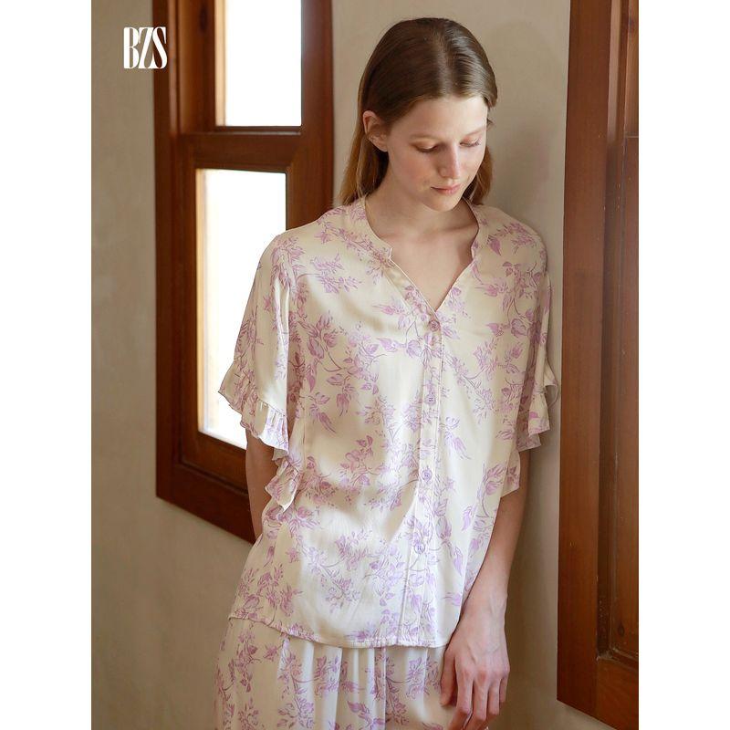 25 Summer Rayon Satin Comfortable Romantic Purple Print Butterfly Sleeve Short sleeve Trousers Can Be Worn outside Homewear Set
