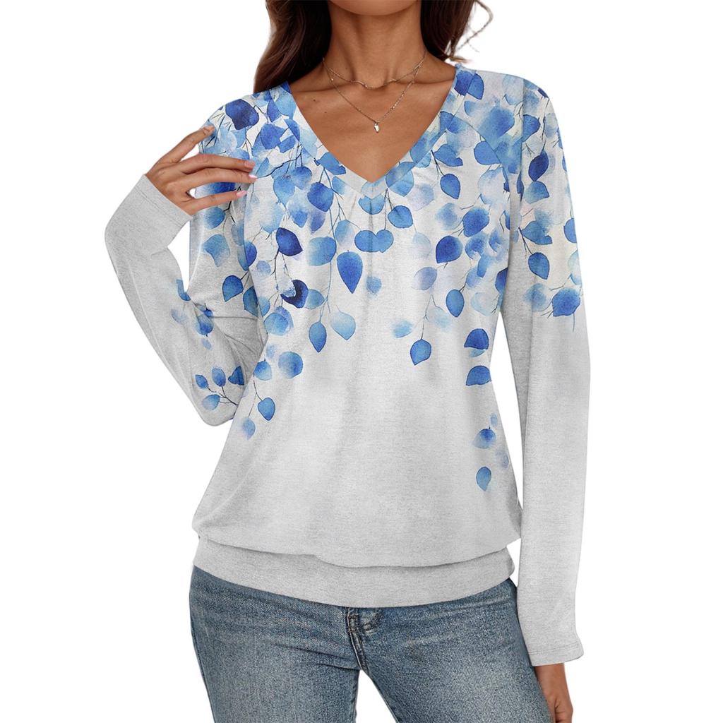 Top Casual de Moda para Mujer con Cuello en V, Manga Larga Raglán Plisada con Estampado Floral