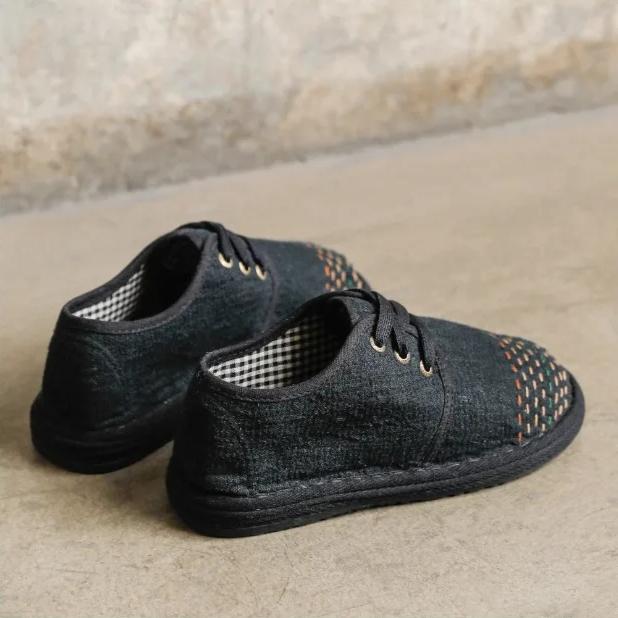 Johnature Handmade Cotton Shoes Retro Round Toe Lace Up Soft Sole Comfortable Women's Flat Shoes