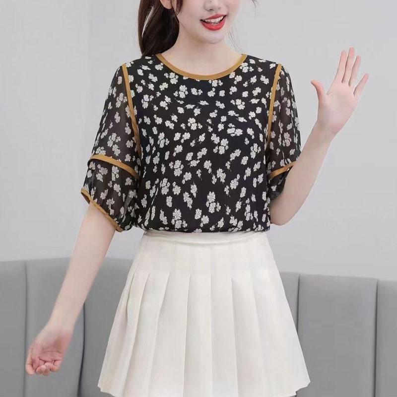 

Female Clothing Broken Flowers Blouse Casual Short Sleeve Summer Prairie Chic Bright Line Decoration Spliced Basic Printed Shirt XL чорний