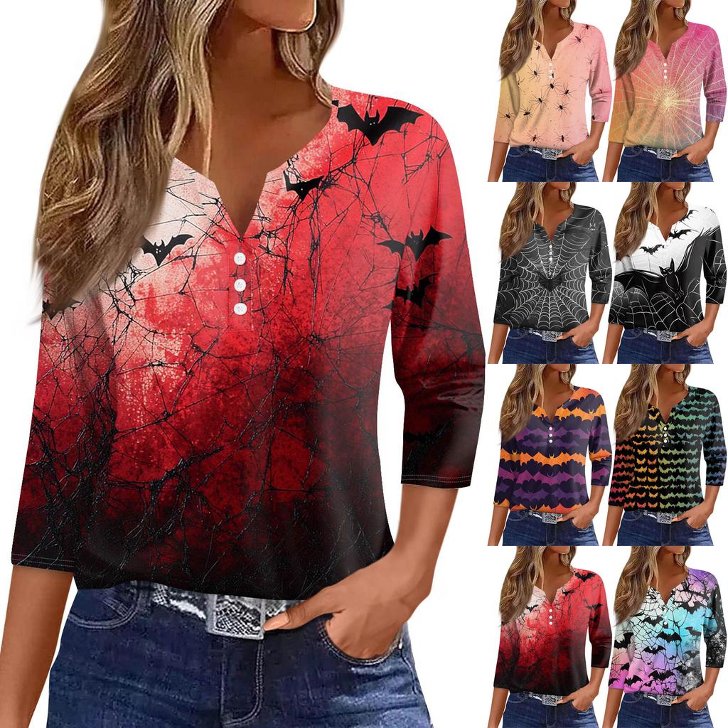 Women's Fashion Casual T-Shirt V-Neck Seven Sleeve  Printed Button Top