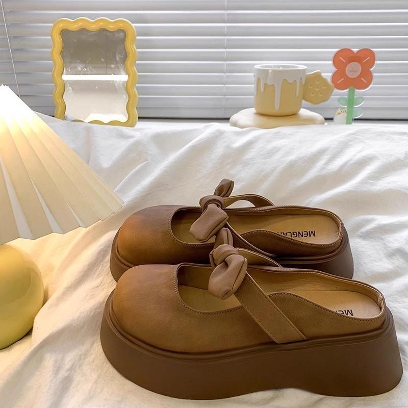 

Толстые тапочки-полушапки с бантом на голове, женская верхняя одежда, весна-лето 2025 г., французские сандалии Мэри Джейн с одной педалью 40 светло-коричневого