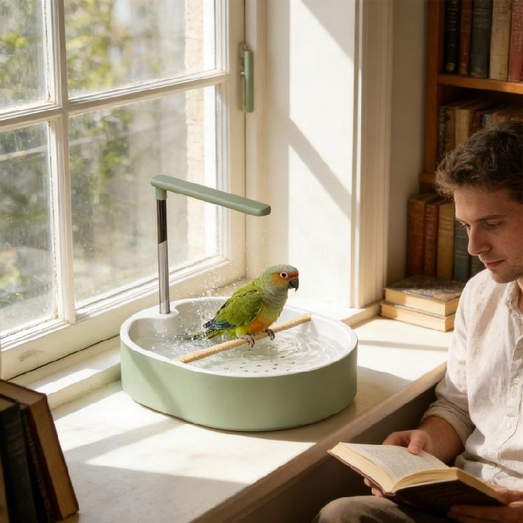 Generous Size Washing Bowl For Pet Birds With 1.1 Wooden Perches And Leak Resistant Design