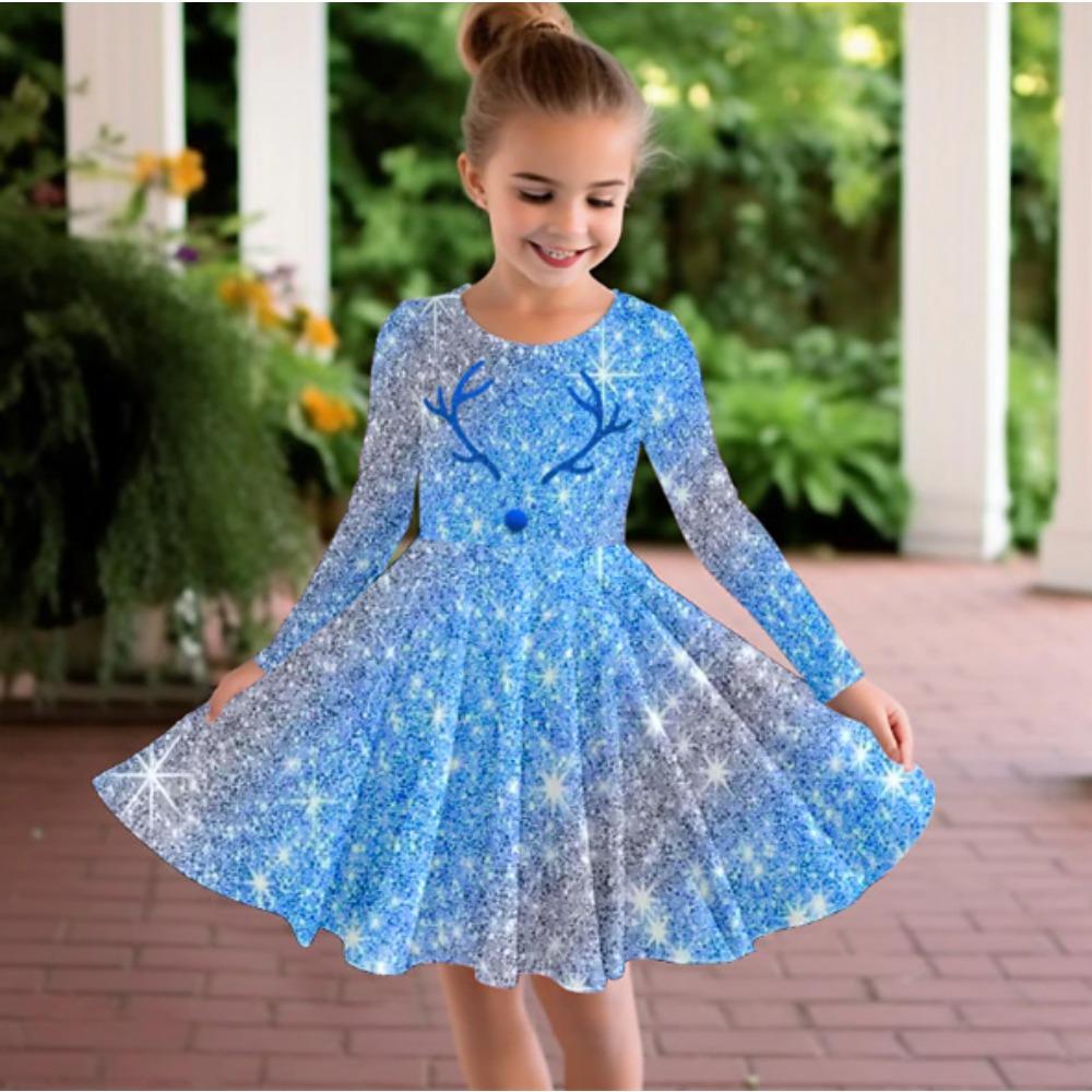 Girl Casual 3D Glitter Print Round Neck Long Sleeve Dress Kid Princess Dress 80