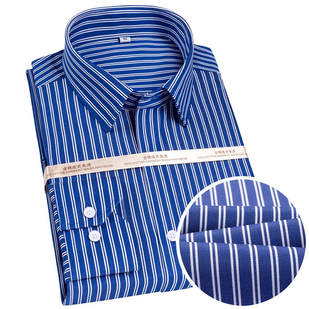 Men's Premium Non-Iron Pure Cotton Long Sleeve Formal Shirt with Spread Collar, No Pocket Plaid Striped for Business Casual Wear