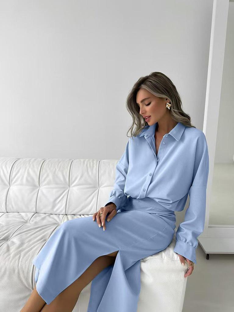 Elegant Lady 2025 Cross-Border 2-Piece Set: Long Sleeve Shirt & High Waist Slit Skirt