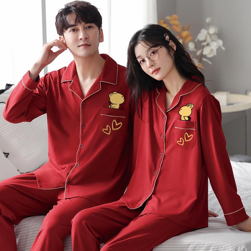 Red Pajamas for Couples - Spring/Autumn 2025 Pure Cotton High-Grade Dowry Festive Homewear for Newlyweds
