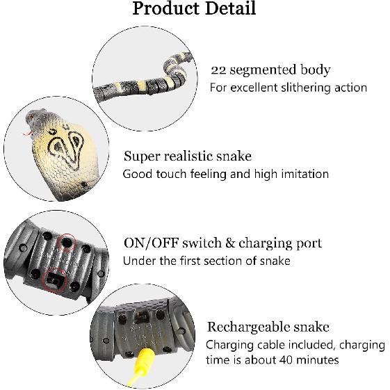 Ufurty Greatstar Remote Control Snake Toy for Kids 17.5 Inch RC Rechargeable Realistic Cobra Snake King Naja Pranks Toy for Christmas Hallowene Gift