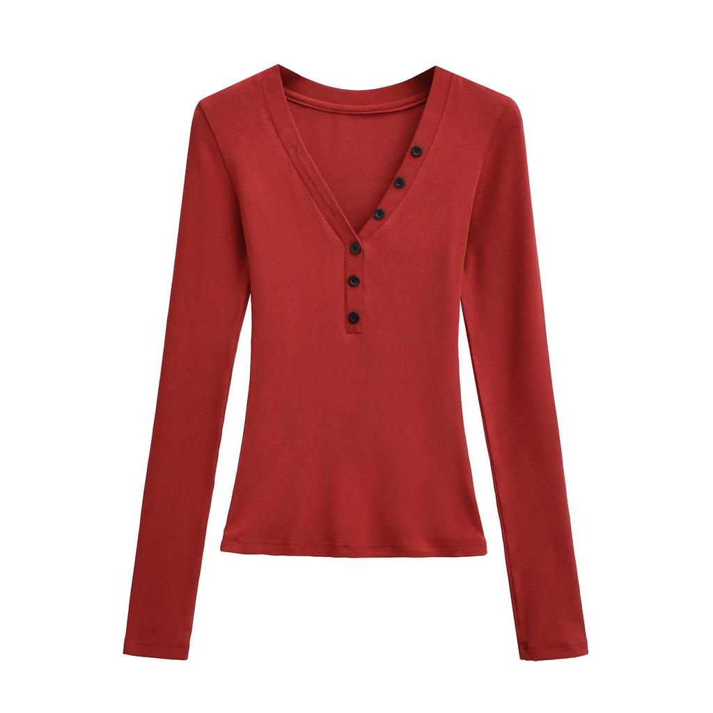 Spicy Lazy Girl V-neck Button Long Sleeve Women's Autumn/Winter Base Layer Elastic Fit T-shirt