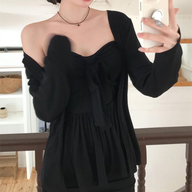Conjunto de Top sin Mangas con Tirantes Chic de Dongdaemun Coreano y Cárdigan de Manga Larga