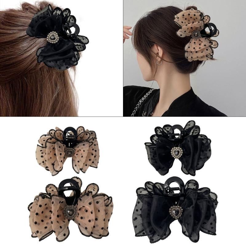 Bows Elegant Hair Claw Polkas Dots Meshes for Women and Girls Vintage Styles Hair Accessory