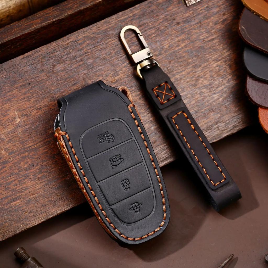Leather Car Key Case Cover Fob Accessories for Hyundai Tucson Solaris Sonata Hybrid Nexo Nx4 Grand Santa Fe Keychain Holder Bag