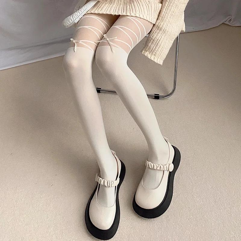 Lolita Style Girs Tights Ultra-Thin Nylon Sexy Pantyhose Sweet Girls Jk Japanese Kawaii Cute Bandage Bow Thigh High Stockings