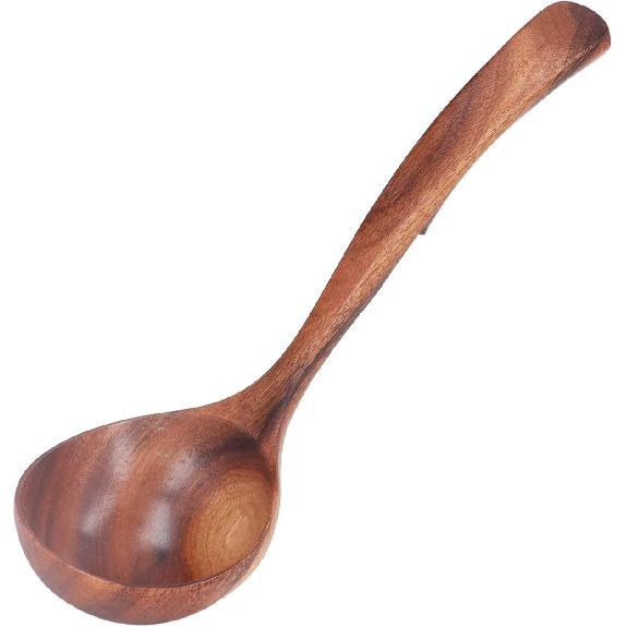 Wooden Soup Ladle, Acacia Wood Soup Spoon with Back Hooks Long Handle Porridge Spoon Kitchen Utensil for Cooking, Serving and Stirring (9.5inch)