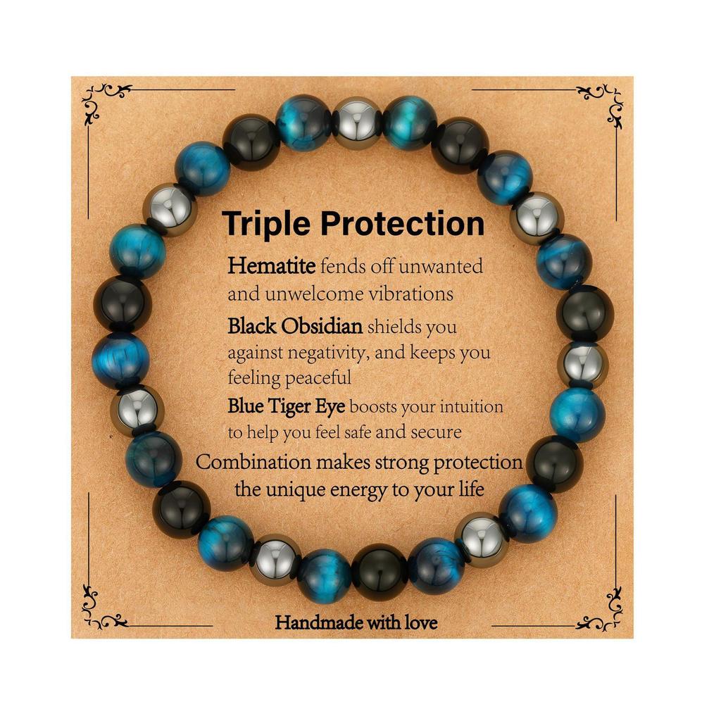 8mm Triple Protection Bracelet: Blue Tiger Eye, Obsidian, Magnetic Beads on Elastic Cord, Birthday Gift