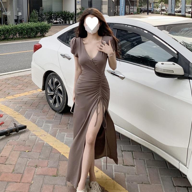 High cold imperial sister style temperament v-neck drawstring slim and thin hip-wrapped sexy split-ended long dress summer