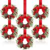 6 Pcs 6 Inch Christmas Mini Cabinet Wreaths Small Artificial Cedar Wreath with Ribbon Bow Pinecone Berry for Front Door Window Farmhouse Home