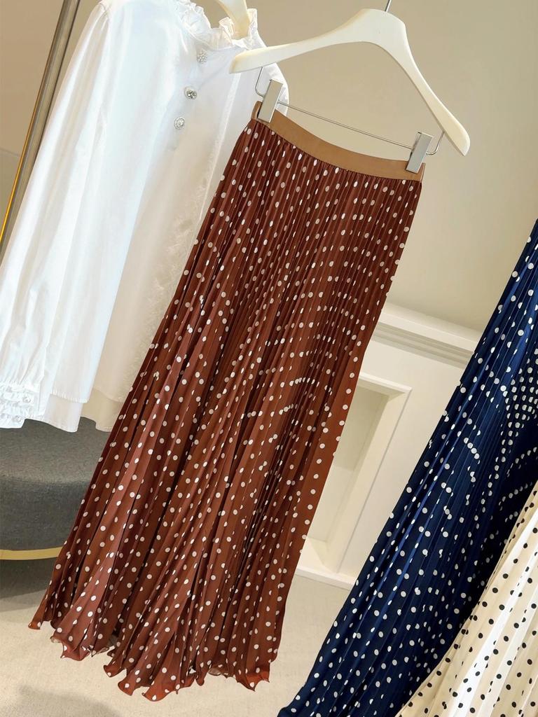 New Summer French Polka Dot High-Waist Pleated A-line Midi Skirt for Women