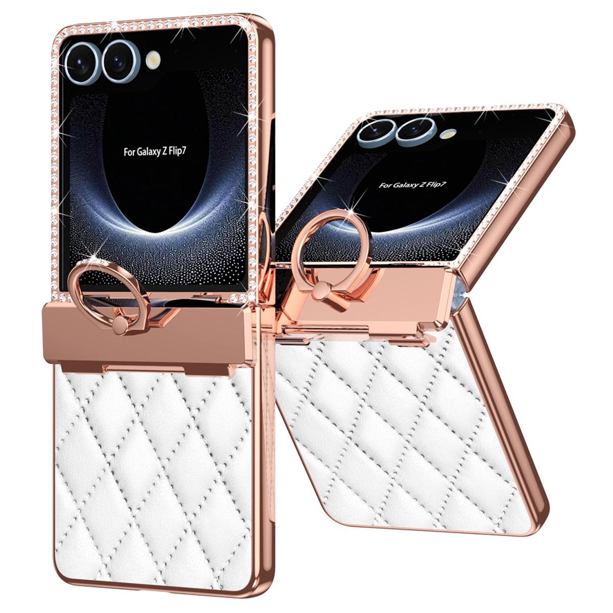 

For Samsung Galaxy Z Flip7 5G Case Rhinestone Decoration Ring Holder Rhombus Leather+PC Phone Cover White