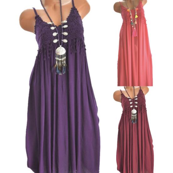 Summer Beach Plus Size Women Crocheted Lace Solid Color Sleeveless Maxi Dress