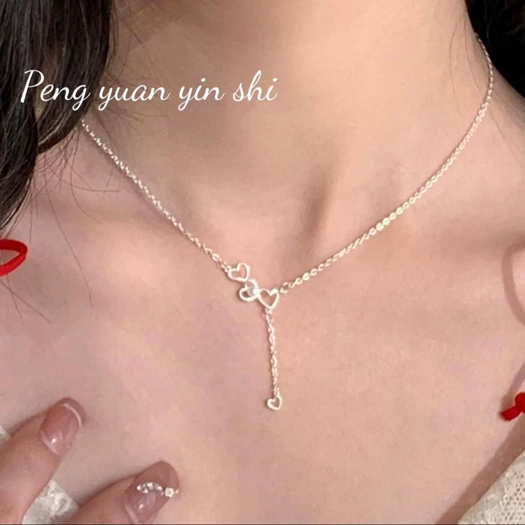 Sterling Silver S925 Heart-to-Heart Pearl Tassel Necklace, for Women - Sweet, High-End Clavicle Chain Design