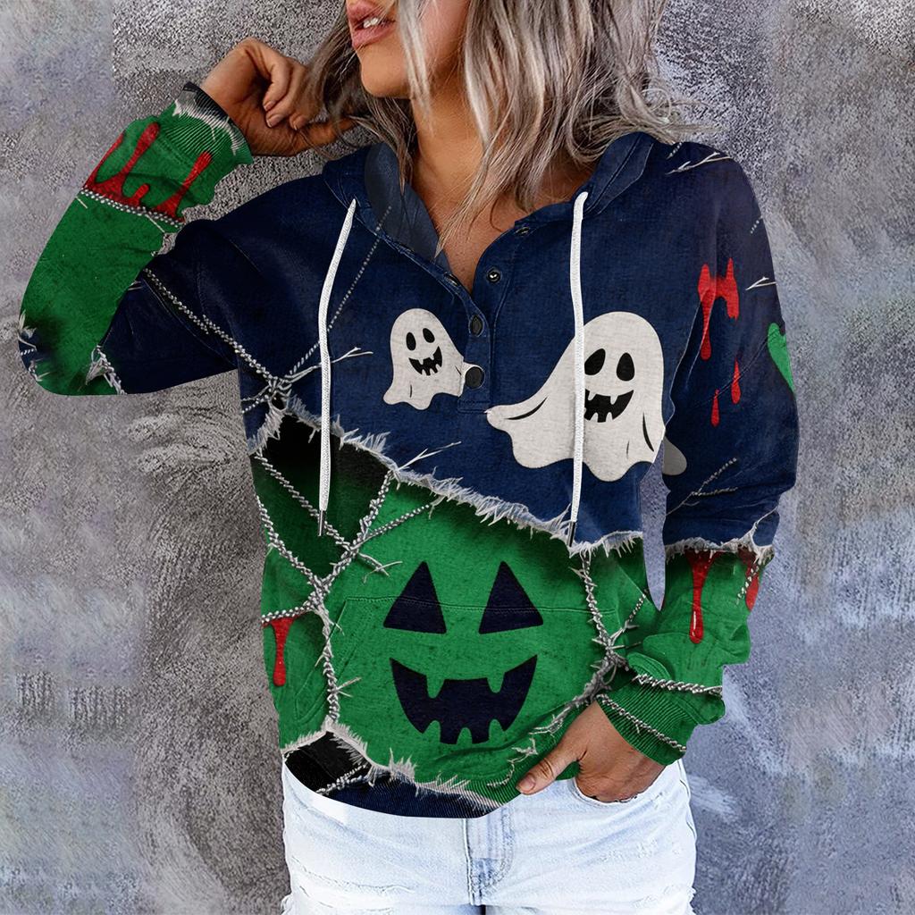 Women's Casual Round Neck Long Sleeved Top With Shattered Halloween Print Hooded Sweatshirt