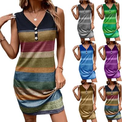 Summer Casual Sleeveless V Neck Women Color Block Above Knee Length One Piece Dress