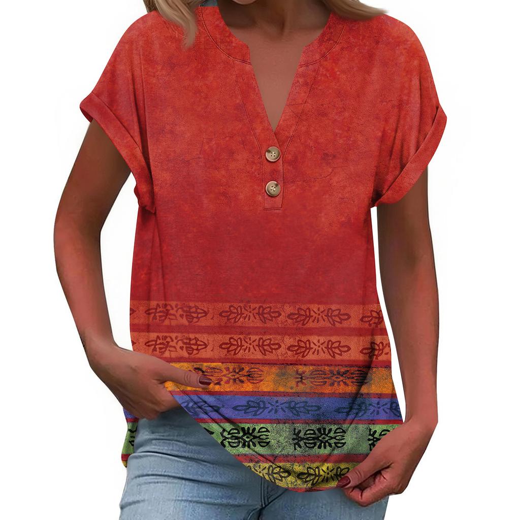 Modieuze Casual Losvallende Dames T-shirt Top met Korte Mouwen, Knopen en V-hals, Bedrukt