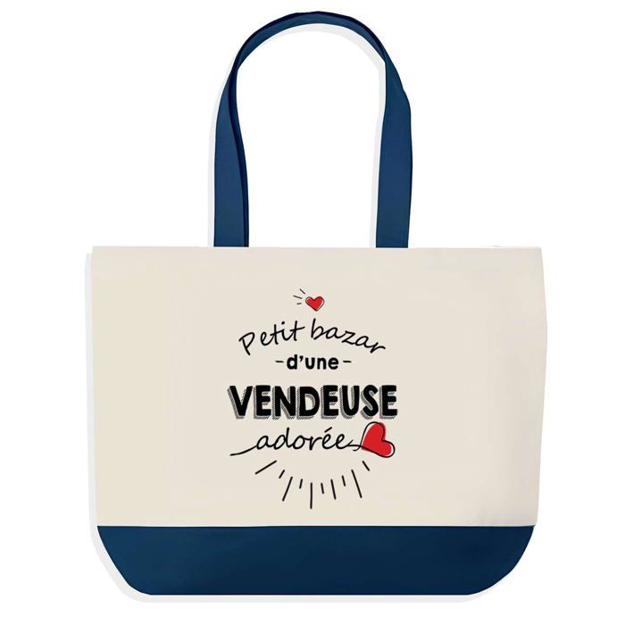 Sac cabas - PLANETEE - Sac shopping fond bleu 'Bazar d'une Vendeuse adorée' - Coton - 40x45 cm - Fabriqué en France