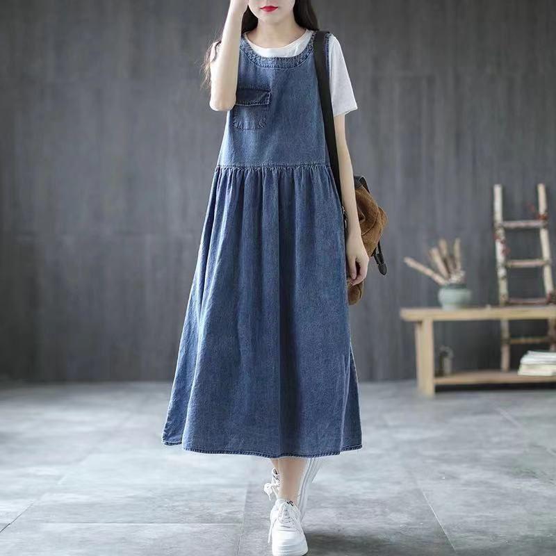 Women's Casual Denim Dress - Mid-Length, Round Neck, Loose Slimming Fit, Retro Style, Plus Size, Perfect for Spring and Summer