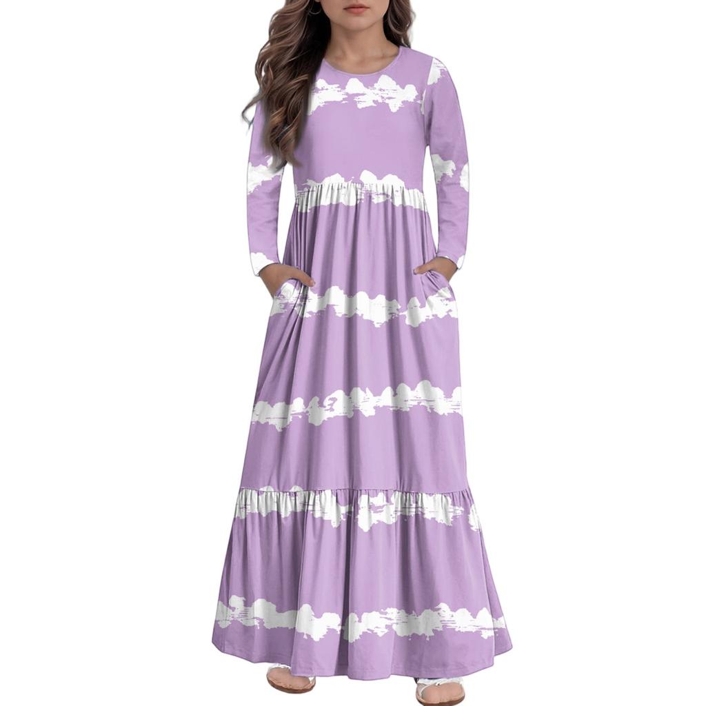 Maxikleid für Mädchen, lässige Urlaubskleider - Langarmkleid mit Taschen für 4-14J