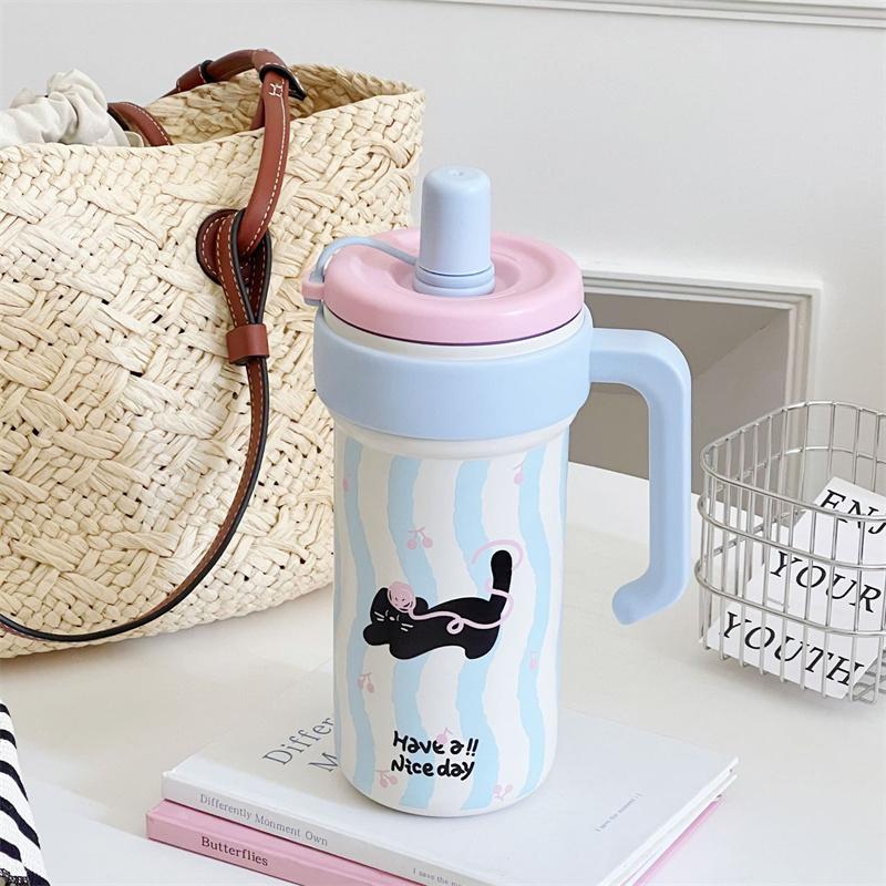 Large Capacity Cute Insulated Mug, 1000Ml Tumbler With Handle And Straw Lid, Stainless Steel Sports Water Bottle