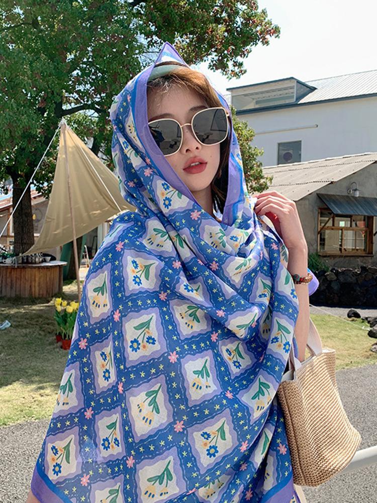 New Summer Elegant Women Silk Scarf Beach Long Wrap Shawl Blue Floral Lady Sunscreen Bandana Hijab Mujer Scarve Pareo Foulard