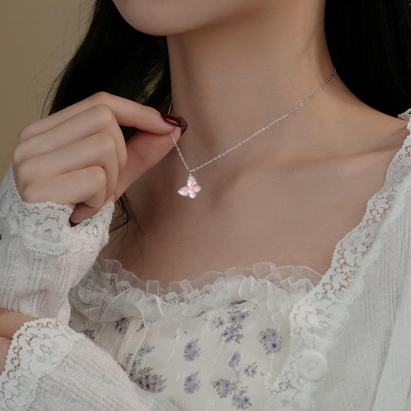Beixi Silver Sweet Pink Butterfly Necklace for Women, S925 Sterling Silver Fairy Style Clavicle Chain. 925 Silver
