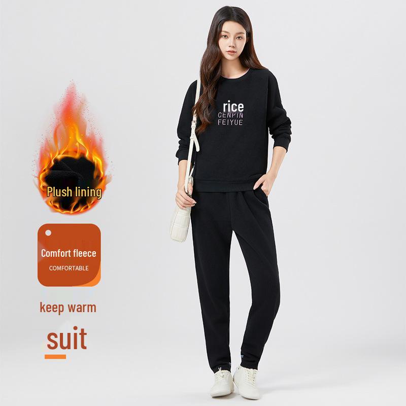 

Женский комплект из толстовки с круглым вырезом и спортивных брюк с плюшевой подкладкой - Осенне-зимняя повседневная одежда для дома и улицы XL