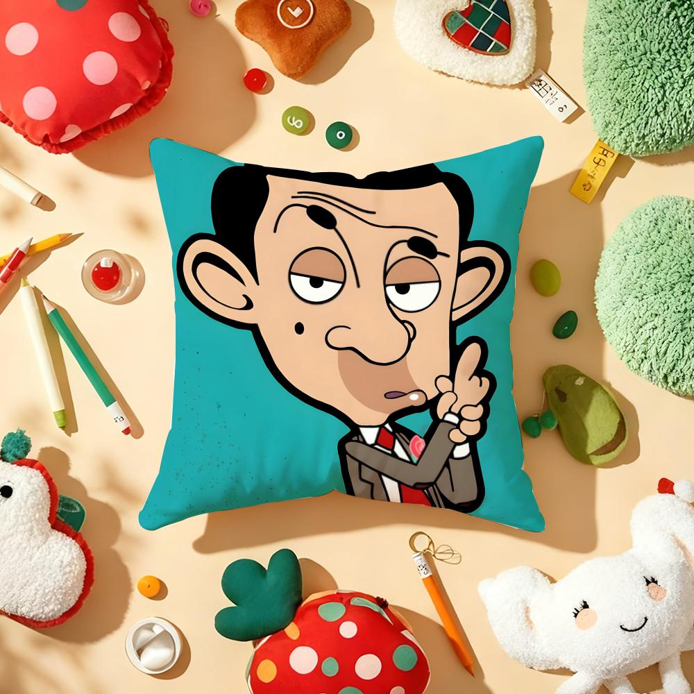 M-Mr. Beans Cartoon Pillow Case Plush Fabric Soft Double-Sided Printed Sofa Warm Winter Home Gift Cushion Cover