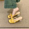 Korean version crystal thick heel bow retro yellow open-toed thin cool slippers fashion women's summer new one-word drag