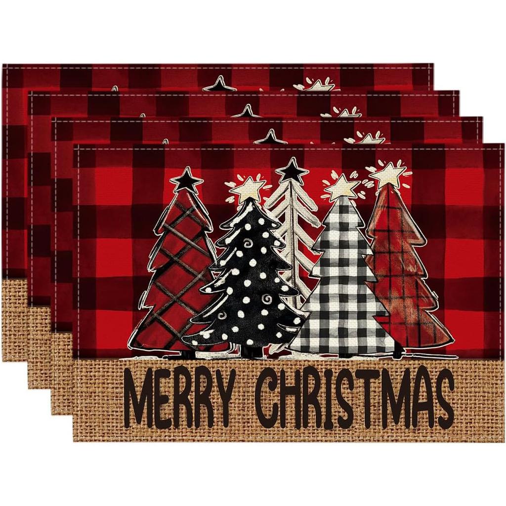 Winter Christmas Placemat with Red Checkered Print Vintage Christmas Candlelight Dinner Mat Restaurant Family Holiday Decoration
