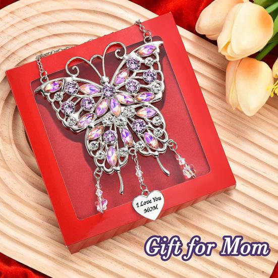 Rhinestones Butterfly Sun Catcher Metal Wind Chime with "I Love You Mom" Heart Handmade Gift for Mother's Day