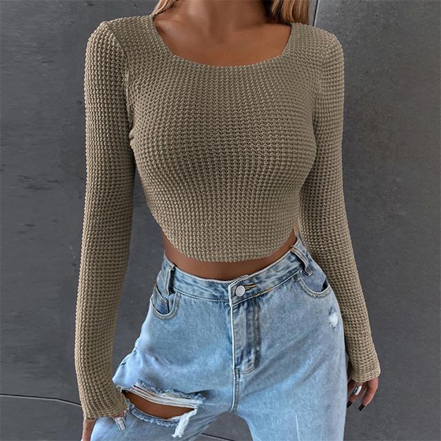 

Футболка с длинным рукавом, женская сексуальная тонкая уличная одежда, вязаный укороченный топ, корейская мода, весенне-осенняя короткая узкая футболка M