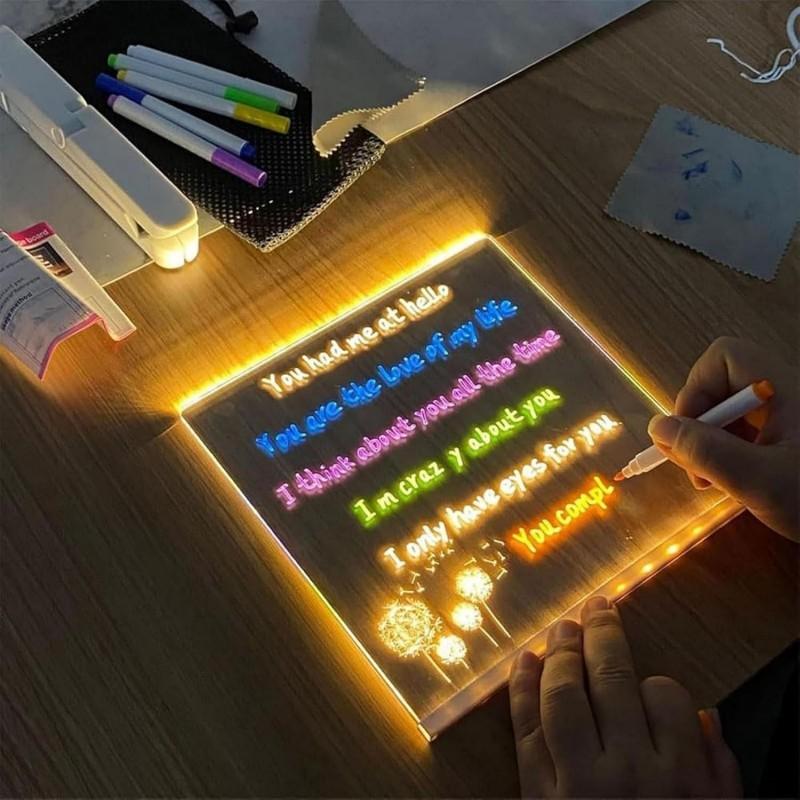 LED Note Board Glowing Acrylic Letter Dry-Erase Board with Bracket Reusable Multifunctional Glow Memo Message Board